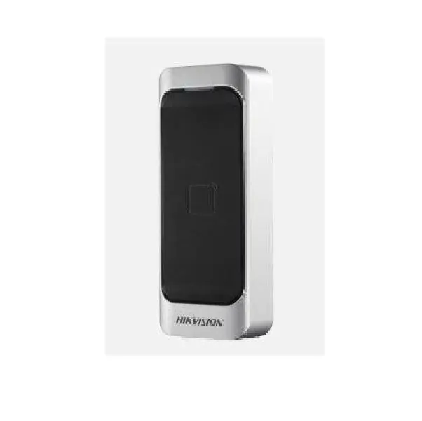 Retur ușor Cititor de card Hikvision DS-K1107AE, citeste carduri cu frecventa de 125 KHz, distanta citire: <= 50 mm, RS-485, Wiegand (W26/W34) protocol si protocol OSDP, , indicator de stare si alimentare, buzzer incorporat, tamper, alimentare 12VDC, IP65, dimensiuni 115 mm x 44 mm x 22 mm, montaj pe perete.