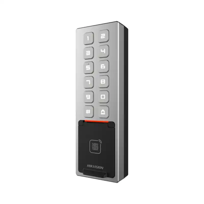Nu rata Cititor de proximitate cu tastatura Hikvision DS-K1T805MBFWX, M1 card, RS-485 and Wiegand (W26, W34), network interface, Wi-Fi, alimentare: 12 VDC/1 A, protectie: IP65, IK08, dimensiunii: 57.7 mm × 177 mm × 34.6 mm.