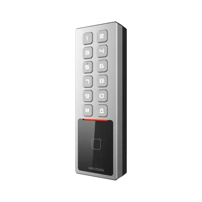 Cititor de proximitate cu tastatura Hikvision DS-K1T805MBWX, M1 card, RS-485 and Wiegand (W26, W34), network interface, Wi-Fi, alimentare: 12 VDC/1 A, protectie: IP65, IK08, dimensiunii: 57.7 mm × 177 mm × 34.6 mm. Comandă acum