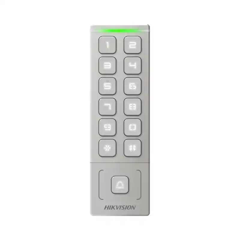 Calitate înaltă Cititor de proximitate cu tastatura Hikvision DS-K1T809EX, card sau PIN, maxim 1000 carduri si 1000 useri, cititor pentru carduri EM incorporat, Wiegand out, supports Wiegand 26/34, alimentare: 12 VDC, 1 A,protectie: IP65, dimensiunii: 151 mm × 48 mm × 21.5 mm, montare aparenta.