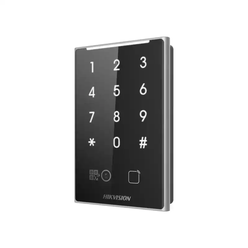 Lichidare de stoc Cititor de proximitate cu tastatura si cod QR Hikvision DS-K1109DKB-QR, DESfire card, Felica card and M1 card, RS-485 and Wiegand (W26, W34), alimentare: 12 VDC, protectie: IP65, dimensiunii: 125 mm × 84.5 mm × 18 mm, montare aparenta.