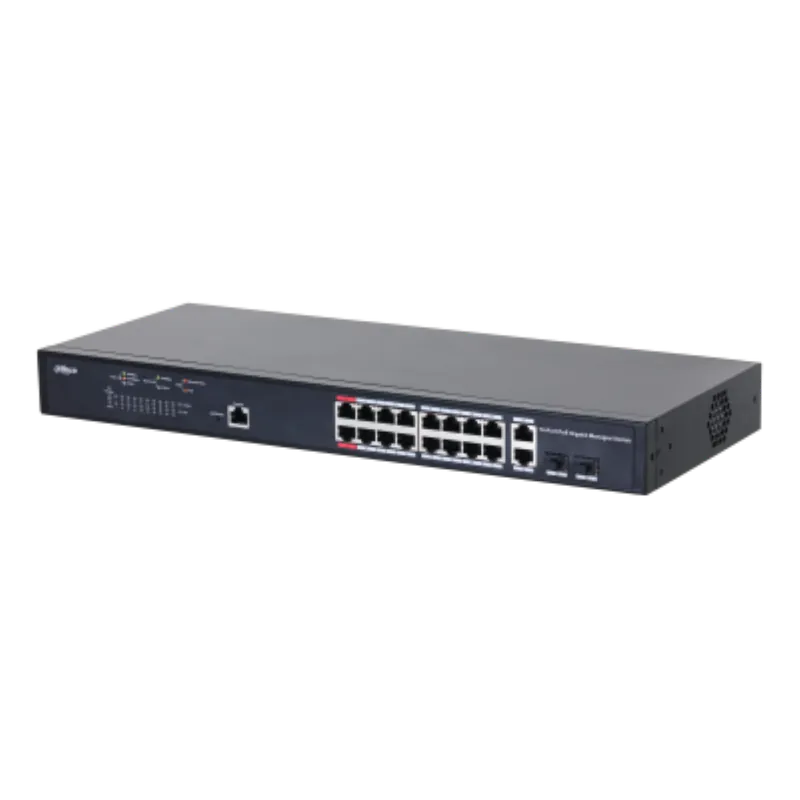 Dahua Managed Switch 18 porturi, 16 porturi POE, Gigabit, Port 1-16:16 × 10M/100M/1000MBase-T (PoE), Port 17-18:2 × 10M/100M/1000MBase-T (uplink) (combo), Port 17-18:2 × 1000M SFP (uplink)(combo), 1 × Console port, Managed L2, Capacitate switch: 56 Gbps, Packet Forwarding Rate: 29.76 Mpps Premium