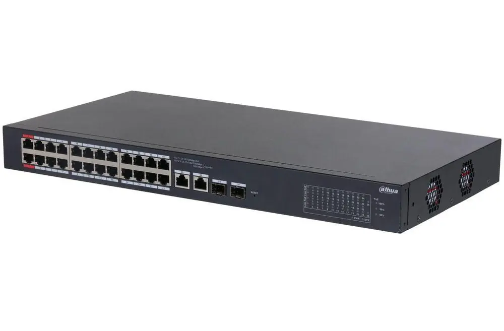 Retur ușor Dahua PoE Cloud Managed Desktop Layer 2 Switch, 26 Ports, 24x100M RJ-45 (PoE max 135W), 2xGbit RJ-45 (Combo), 2xGbit SFP (Combo)