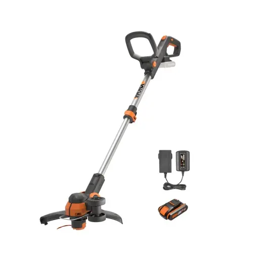 Trimmer de iarba fara fir WORX WG163E.1 20V - Incl. baterie Li-Ion, statie de incarcare, bobina, protectie de siguranta si roata pentru taierea marginilor, diametru de taiere 30 cm Ofertă de sezon