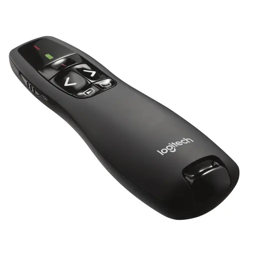 Logitech R400 Presenter, Conexiune wireless 2.4 GHz prin receptor USB, raza de actiune de 15 m, Indicator laser rosu, Comenzi intuitive, 6 butoane, Indicator baterie, PC - Negru Retur gratuit