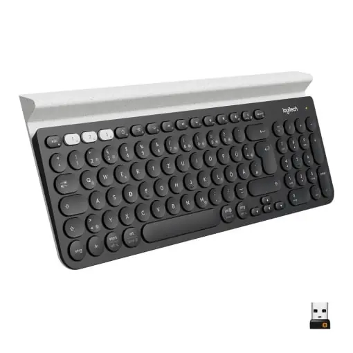 Comandă acum Tastatura wireless Logitech K780, conexiune Bluetooth si 2,4 GHz, functie multidispozitiv si comutare usoara, suport integrat, PC/Mac/tableta/smartphone, aspect QWERTZ german - gri inchis/alb