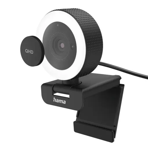 Plată sigură Camera web Hama cu lumina, telecomanda, zoom, mobil (camera PC QHD 2K cu microfon dublu, camera de streaming, capac camera web cu lumina inelara, focalizare automata, rotire la 360deg inclinare la 89deg, filet de 1/4 inch pentru trepied) negru