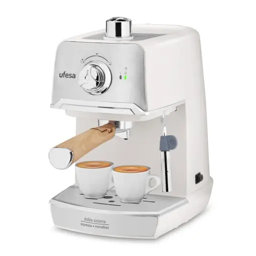 Ufesa Portafilter Machine C7238 Cream, Espressor cu spumant de lapte, 20 bari, Incalzire cesti, Design clasic compact, Alb Premium