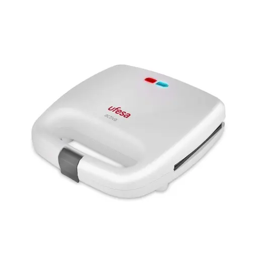 Ufesa SW7855 - Prajitor de paine sandwich, 750 W, pentru 2 sandvisuri, placi antiaderente pentru gratar, indicator de putere si temperatura, inchidere de siguranta pentru farfurii, alb Plată sigură