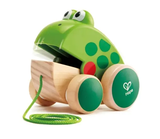 Broasca Hape Fridolin von Hape | Broasca din lemn Fly Eating Pull-Along Jucarie pentru copii mici, culori stralucitoare Preț redus