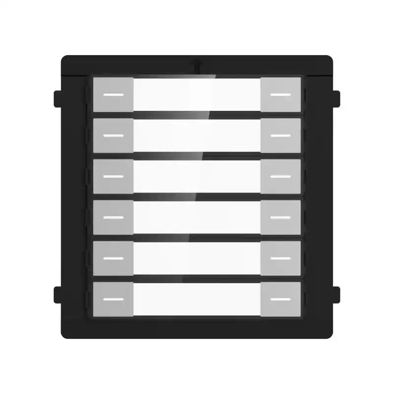 Modul de extensie videinterfon cu 12 butoane de apelare Hikvision DS-KD- K12; montaj aplicat sau ingropat (acesoriile de montaj nu sunt incluse), customizare afisare nume; iluminare pe timp de noapte; Conectare RS-485, Protectie: IP 65; Dimensiuni: 98.2 mm × 100.2 mm × 33.7 mm; Temperatura de Premium