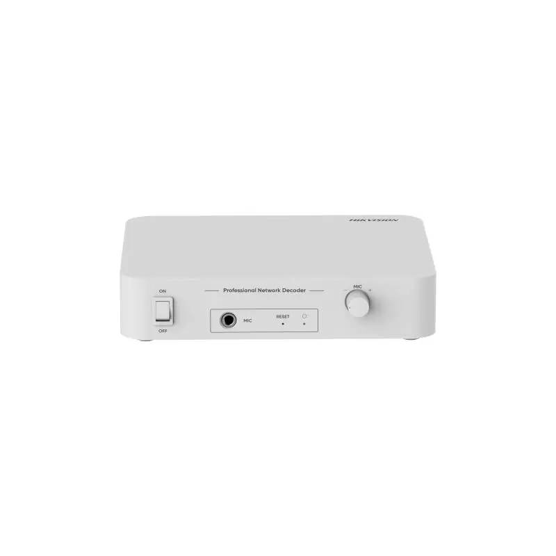 Cel mai vândut Network Decoder Hikvision, intrari audio: MIC/RCA, suporta: schedule/live/emergency broadcast, alarm linkage, TTS, protocol: IPv4, HTTP, HTTPS , SSL/TLS , DNS, NTP, TCP, UDP, IGMP, ICMP, DHCP, ARP, SSH, putere: 6 W / 24 VDC, alarma: 1/1, material: plastic, dimensiuni: 190.8 mm × 230.8 mm × 51.2 mm