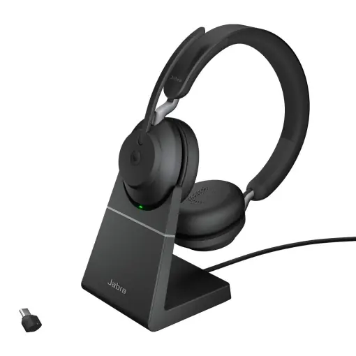 Cumpără online Casti wireless pentru PC Jabra Evolve2 65 cu suport de incarcare - Anulare a zgomotului Casti stereo certificate Microsoft Teams cu baterie de lunga durata - Adaptor Bluetooth USB-C - Negru