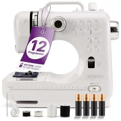 Premium Masina de cusut Bomann(r) pentru incepatori cu 12 modele de cusaturi | Masina de cusut cu functie de cusut inainte si inapoi si 2 niveluri de viteza | cu baterie sau functionare la retea si lumina LED fara orbire | NM 6063 CB