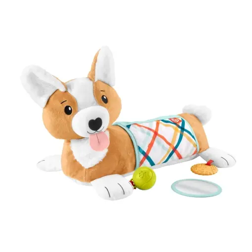 Jucarie de joaca pentru burta pentru bebelusi Fisher-Price, perna de joaca pentru catelusi 3 in 1 cu inel de dentitie fara BPA, zornaitor si jucarie oglinda Preț mic