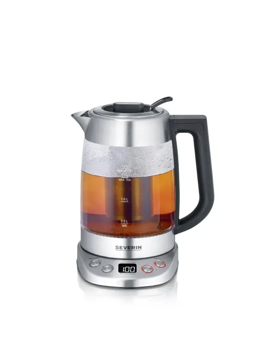 Preferatul clienților SEVERIN Glass Tea & Kettle Deluxe, ceainic cu temperatura si timp de preparare reglabile, cu 5 programe de ceai si functie de mentinere la cald, max. 1,7 L apa, 3000 W, otel inoxidabil, WK 3480