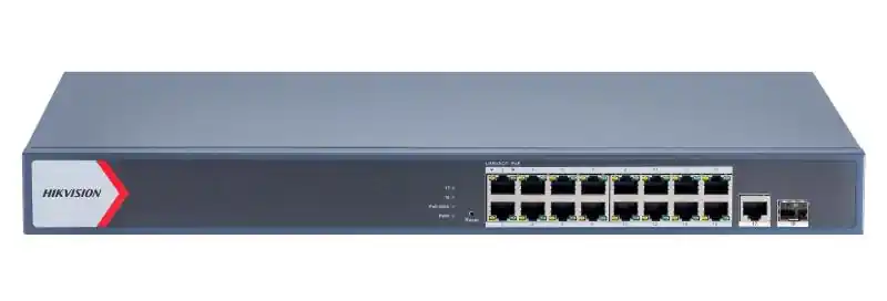 Retur ușor Switch 16 porturi POE Gigabit, Hikvision DS-3E1518P-EI(V2), Web management, 16 × gigabit PoE ports( PoE output power management), and 2 × gigabit fiber optical ports, IEEE 802.3at/af standard for PoE ports, AF/AT camera can reach up to 300 m in extend mode, PoE watchdog, RJ45 port, full duplex