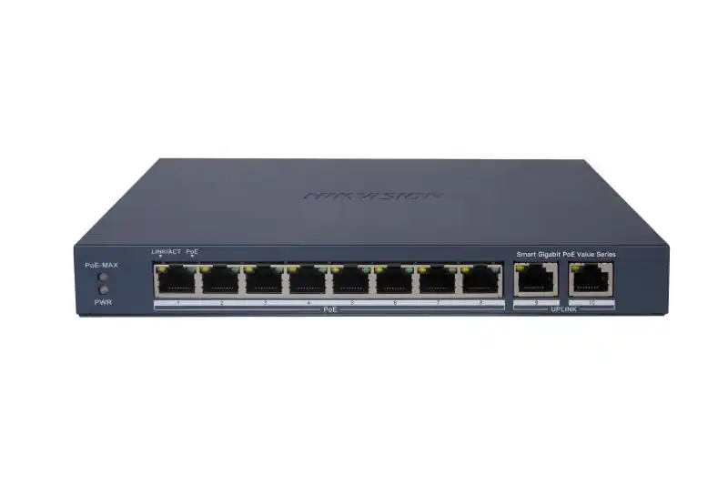Discount Switch 8 porturi Gigabit, Hikvision DS-3E1510P-EI/M, 8 × gigabit PoE ports, and 2 × Gigabit RJ45, IEEE 802.3af,IEEE 802.3at,MAC address table: 4 K, PoE power budget 60W (Max. port power 30W), material metal, dimensiuni: 217.6 mm × 27.6 mm × 108.5 mm, greutate: 1.08 kg