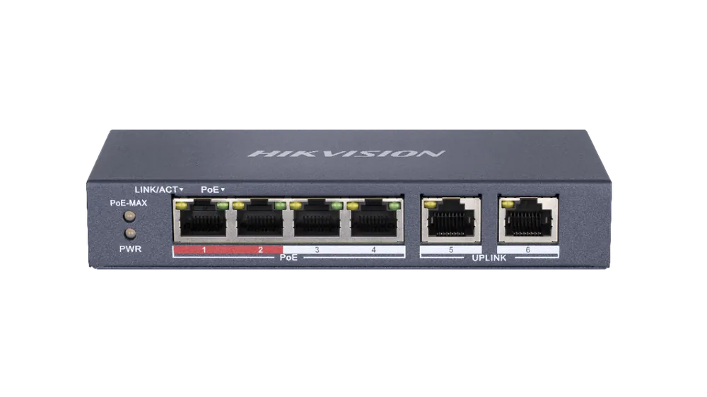 Lichidare de stoc Switch Hikvision DS-3E0106P-E-M, Switching capacity 1.6 Gbps, 4 x 10/100Mbps PoE ports, and and 2 × 10/100Mbps RJ45 ports, MAC address table 4 K, PoE power budg
