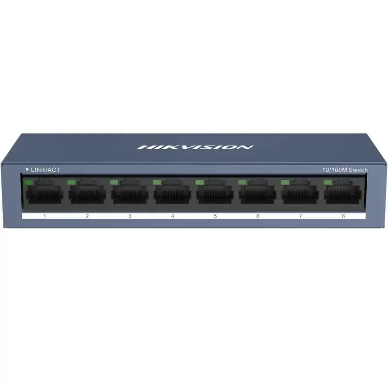 Switch Hikvision DS-3E0108-O: 8 × 10/100 Mbps RJ45 Port, tensiune alimentare 5 VDC, 1A., dimensiuni: 142.4 mm × 25.6 mm × 53.1 mm, greutate: 0.2 kg, montare pe birou sau pe perete. Cumpărături sigure