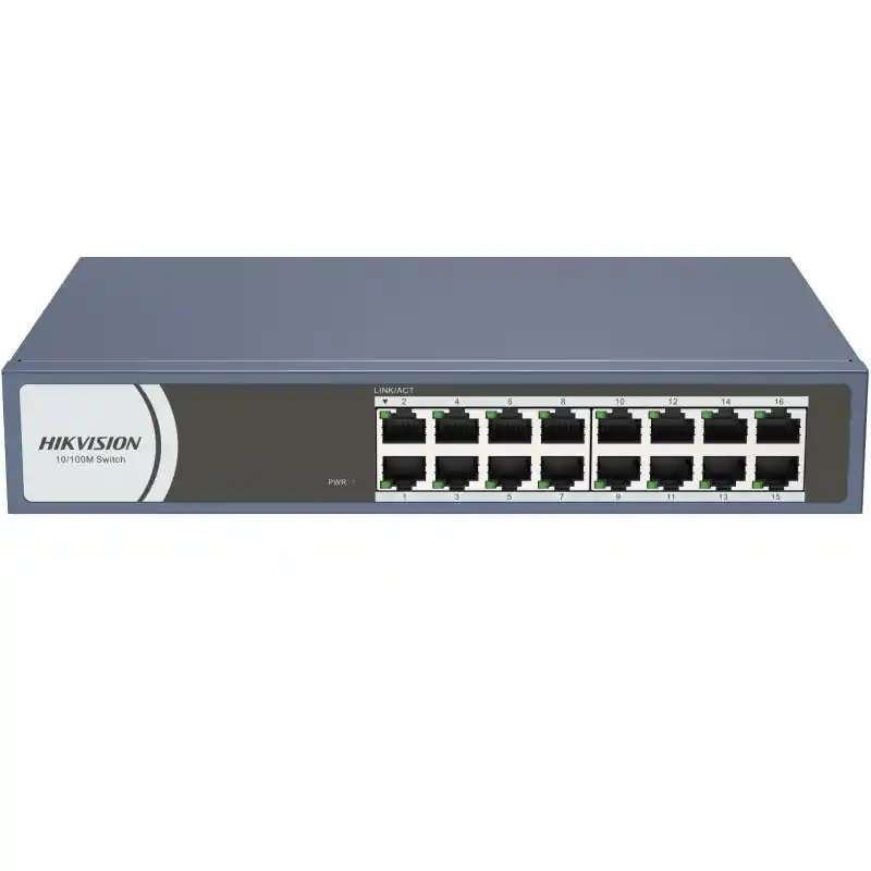 Reduceri Switch Hikvision DS-3E0116R-O: 16 × 10/100 Mbps RJ45 Port,tensiune alimentare 220 VAC, 50/60 Hz, dimensiuni: 257..0 mm × 44.5 mm × 175.8 mm, greutate: 1.1kg, montare pe birou, in rack sau pe perete.
