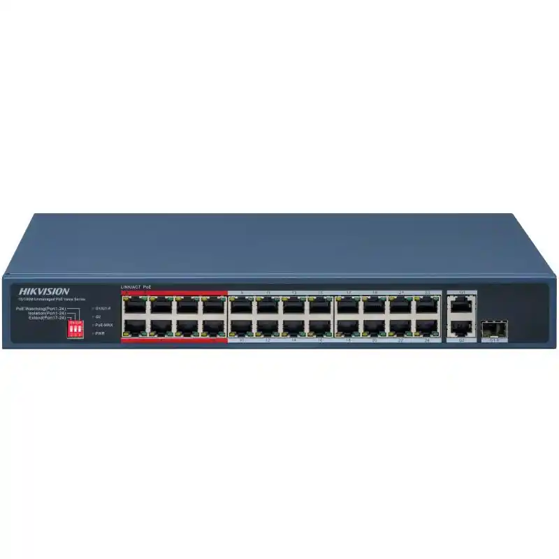 Switch Hikvision DS-3E0326P-E/M(C); 24 Port Fast Ethernet Unmanaged POE Switch Intelligent PoE Management When the power supply exceeds the limit, PoE ports intelligently manage the power supply, which extends the switch lifetime. Up to 300 m Long Range PoE Transmission The distance between IPCs and Preț redus