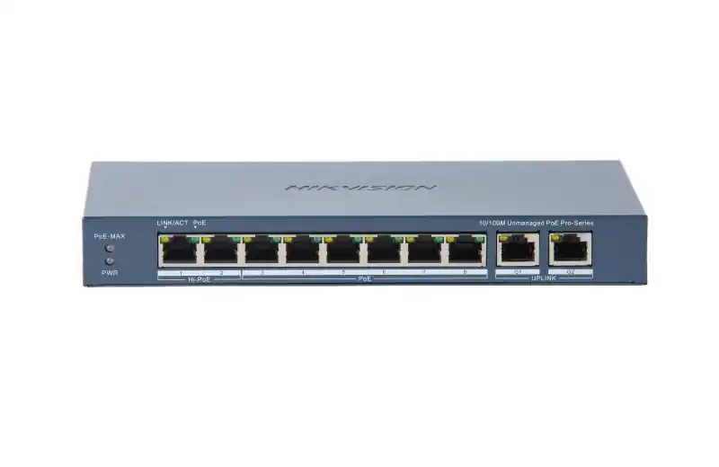 Popular Switch PoE Hikvision DS-3E0310HP-E(C): 8 × 10/100 Mbps PoE port,2 × Gigabit RJ45 port, 16 porturi PoE maxim 30W, buget PoE 130W, tensiune alimentare: 54 VDC, 2.22 A., dimensiuni: 217.6 mm × 27.6 mm × 108.5 mm, greutate: 1.27kg, montare pe birou.