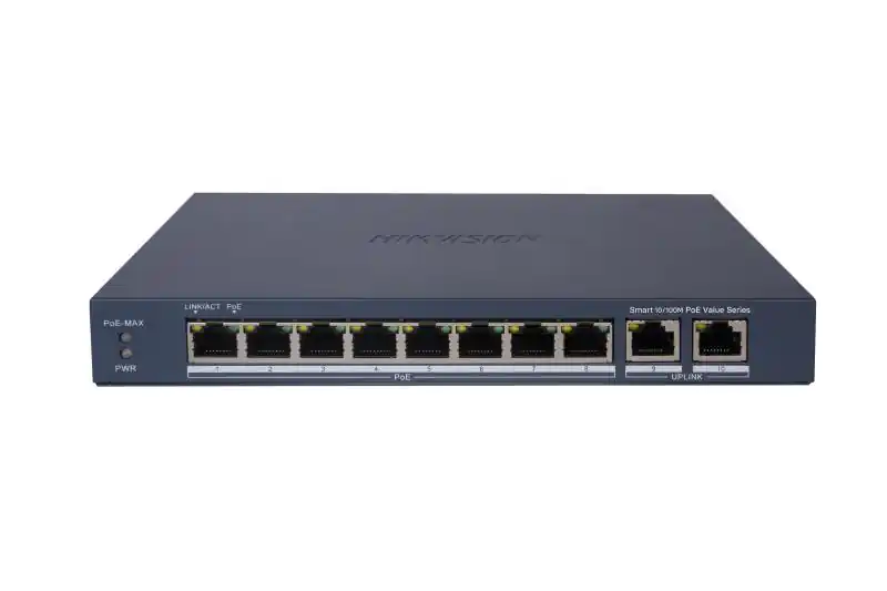 Switch PoE Hikvision DS-3E1310P-EI/M: 8 × 10/100 Mbps PoE ports,2 × Gigabit RJ45 port, 8 porturi PoE maxim 30W, buget PoE 60W, tensiune alimentare DC54 V,1.2 A, dimensiuni: 217.6 mm × 27.6 mm × 108.5 mm, greutate: 0.54kg, montare pe birou sau pe perete. Ofertă exclusivă