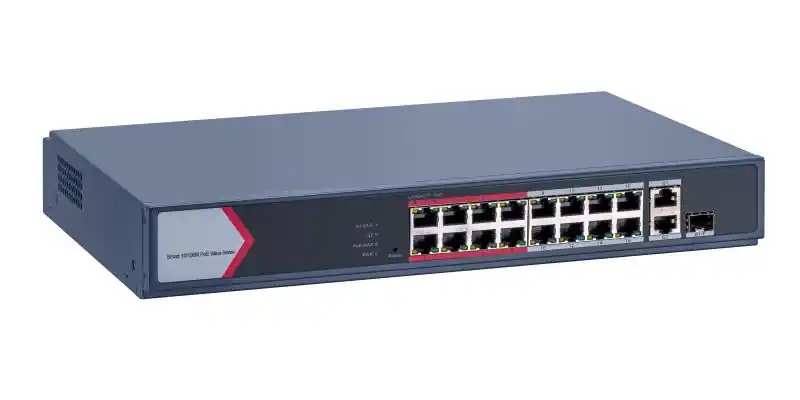 Cel mai vândut Switch PoE Hikvision DS-3E1318P-EI/M: 16 × 10/100 Mbps PoE port,1 × Gigabit combo,1 × Gigabit RJ45 port, 16 porturi PoE maxim 30W, buget PoE 130W, tensiune alimentare 100~240 V AC, 50/60 Hz, Max. 2.5 A., dimensiuni: 335.0 mm × 44.5 mm × 226.00 mm, greutate: 1.8kg.