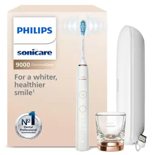 Chilipir Periuta de dinti electrica Philips Sonicare DiamondClean 9000, periuta de dinti sonica cu aplicatie, senzor de presiune, 4 moduri de periaj, 3 niveluri de intensitate, sticla de incarcare si husa de calatorie USB, aur roz, model HX9911/94