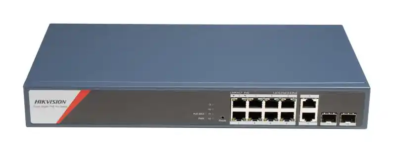 Switch PoE Hikvision DS-3E1512HP-SI-8P2T2F: 8 x 10/100/1000 Mbps PoE Ports, 2 × 10/100/1000 Mbps RJ45, 2 x 10/100/1000 Mbps SFP, 8 porturi PoE maxim 90W, buget PoE 130W, tensiune alimentare: 100-240V~ 50/60Hz 2.5A, dimensiuni: 335 mm × 44.5 mm × 175.8 mm, greutate: 2.7kg, montare pe birou sau in Livrare gratuită