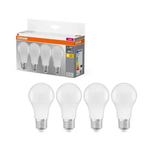 Lampa Osram LED Base Classic A, forma de piston cu baza E27, nereglabila, inlocuieste 60 wati, mat, alb cald - 2700 Kelvin, 4 bucati (1-Pack) Lichidare de stoc