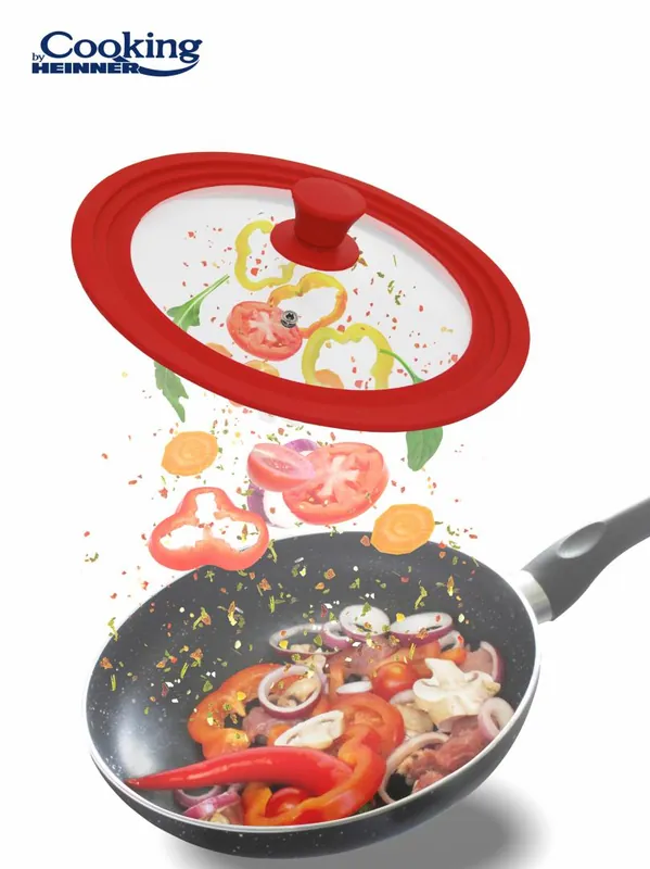 Transport gratuit Capac sticla cu margine din silicon ajustabila pe 3 dimensiuni, 22 / 24 / 26 cm, Rosu, Cooking by Heinner