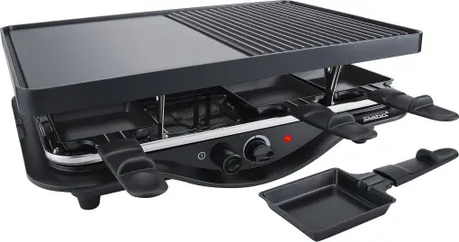 Preferatul clienților Steba Cast Raclette RC 28, placa de gratar cu acoperire antiaderenta din aluminiu turnat sub presiune pentru o distributie uniforma a caldurii, 8 tigai cu acoperire antiaderenta pentru curatare usoara, control continuu al temperaturii