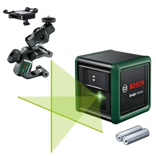 Preț mic Laser cu linii incrucisate Bosch Quigo Green cu clema universala MM 2 (laser verde pentru o vizibilitate mai buna, carcasa din plastic reciclat, intr-o cutie)