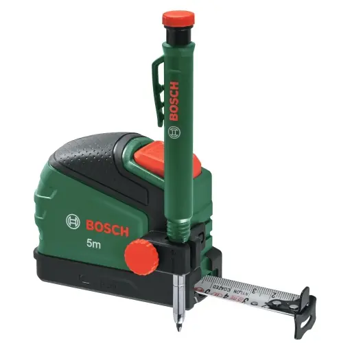 Preț promoțional Banda de masurare Bosch 5m + creion marker cu gaura adanca (cu clema pentru creion; Blocare automata; Banda acoperita cu nailon; Latimea benzii de 22 mm; stabilitate de 2 m; Carlig bidirectional; Clema de curea metalica; Softgrip) - Editia