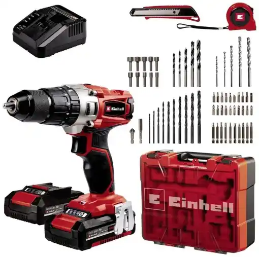 Masina de gaurit combinata cu acumulator Einhell TE-CD 18/2 Li-i +64 (2x2.0Ah) Power X-Change (Li-Ion, 18 V, 44 Nm, cutie de viteze cu 2 trepte, incl. 2 baterii de 2.0 Ah, incarcator, carcasa, 64 buc. Set de accesorii) Plată securizată