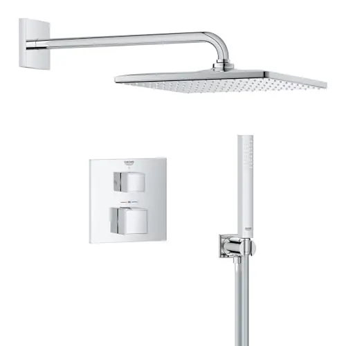 GROHE Precision 310 Cube - Sistem de dus (Dus deasupra capului de 310 mm cu 1 tip de pulverizare, Dus de mana 1 spray, Cutie incorporata universala, Dus de mana, Furtun de dus de 150 cm), unghiular, Crom, 34879000 Lichidare de stoc