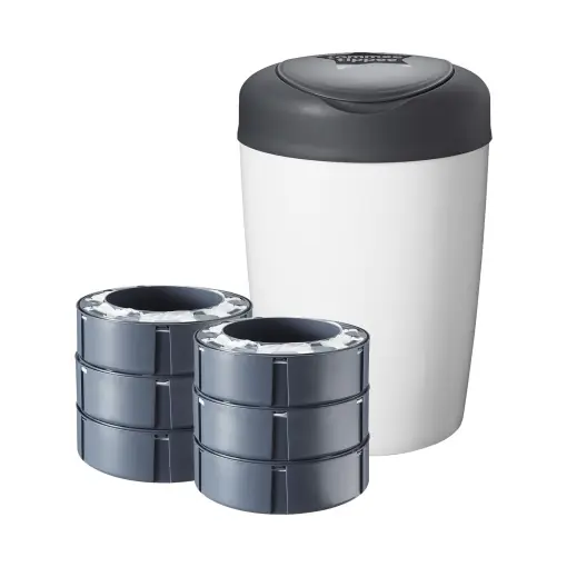 Nu rata Galeata de scutece Tommee Tippee Simplee Sangenic, inclusiv 6 casete de rezerva, alb si gri