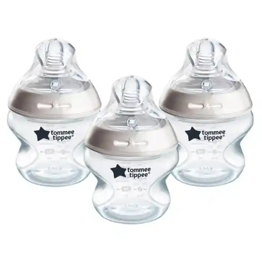 Premium Tommee Tippee - Biberoane anti-colici Natural Start 150ml, Tetina asemanatoare sanului, valva anti-colice, autosterilizare, accesorii, pachet de 3