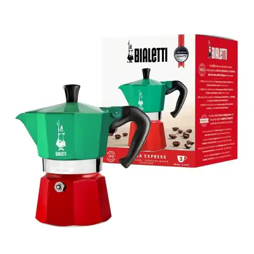Reducere Bialetti - Colectia Moka Express Italia: Espressor emblematic pe plita, face cafea italiana adevarata, vas Moka pentru 3 cani (130 ml), aluminiu, colorat in rosu-verde-argintiu