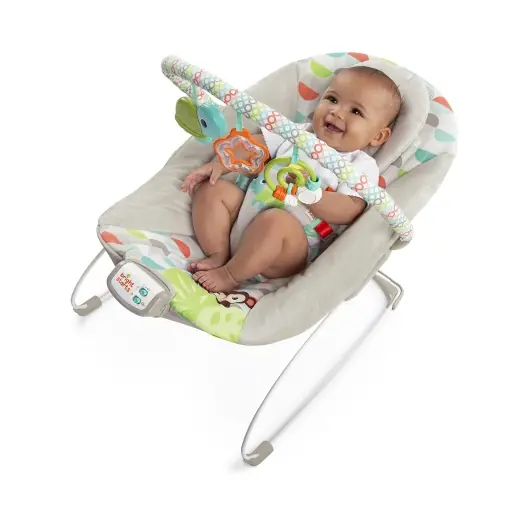 Bright Starts, balansoar pentru bebelusi Happy Safari cu vibratii linistitoare si 7 melodii, tetiera detasabila si arcul de joaca cu 3 jucarii, control al volumului, de la nastere pana la 9 kg Reducere