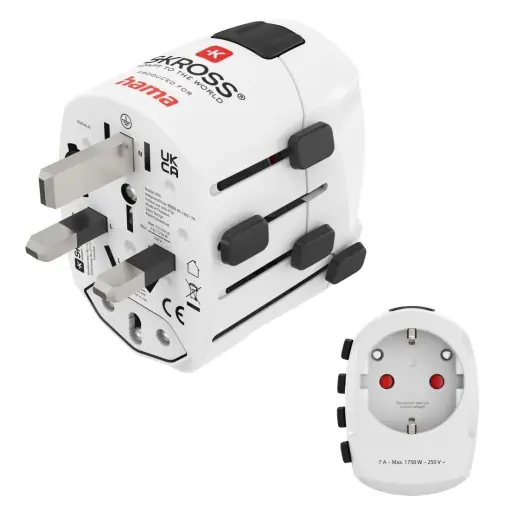 Bestseller Adaptor de calatorie Hama in intreaga lume (adaptor de calatorie universal pentru mai mult de 150 de tari, tip G/tip B/tip I/tip J/tip L/tip N, pentru dispozitive cu mufa tip C, E si F, contact de siguranta, siguranta inlocuibila) alb