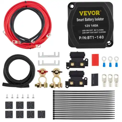 Promoție Kit de incarcare divizata VEVOR Dual Battery Disconnect Relay 12V, set de relee sensibil la tensiune de 140A -30 pana la 105degC, incarcator automat si set de cabluri pentru camion, RV, atelier, masina si nava