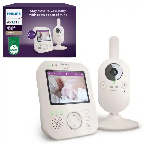 Monitor pentru bebelusi PHILIPS Avent cu camera Premium - DEKRA Certified Private and Secure - Ecran de 3,5", zoom x4, vedere nocturna, cantece de leagan si termometru (SCD891/26) Chilipir