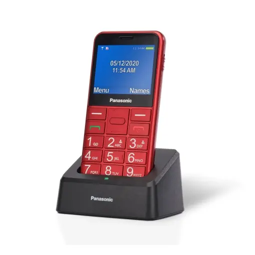 Promoție Telefon mobil Panasonic KX-TU155EXRN Essentials pentru varstnici cu statie de incarcare, buton de urgenta SOS, apel prioritar, telefon cu cheie mare, compatibil cu aparate auditive, Bluetooth, Radio FM, camera, rosu