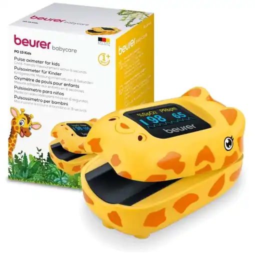Livrare expres Beurer PO 13 Kids, pulsoximetru pentru degete pentru copii, masurarea pulsului si a saturatiei de oxigen in cateva secunde, format mic, aliniere automata a afisajului, cu husa de curea