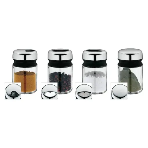 Set recipiente de condimente WMF Depot 4 bucati, 100 ml, borcan de condimente, agitator de condimente, borcan de condimente, sticla, otel inoxidabil Cromargan, se poate spala in masina de spalat vase Plată sigură