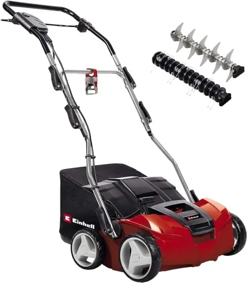 Comandă acum Scarificator-aerator electric Einhell GE-SA 1435 (1400W, latime de lucru de 35 cm, adancime de lucru de pana la 3-9 mm, inaltime reglabila 1400W) ghidon, geanta de colectare 28L, incl. rola ventilator)