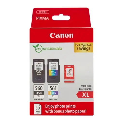 Pachet multiplu de cerneala si hartie Canon - Cartuse de cerneala originale PG-560XL/CL-561XL Pachet de 2 (1 x XL negru, 1 x XL color) si hartie foto 4x6 (50 de coli) - compatibil cu imprimantele Canon PIXMA Ofertă de sezon